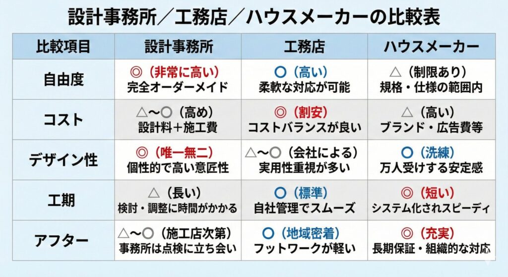設計事務所/工務店/ハウスメーカーの比較表