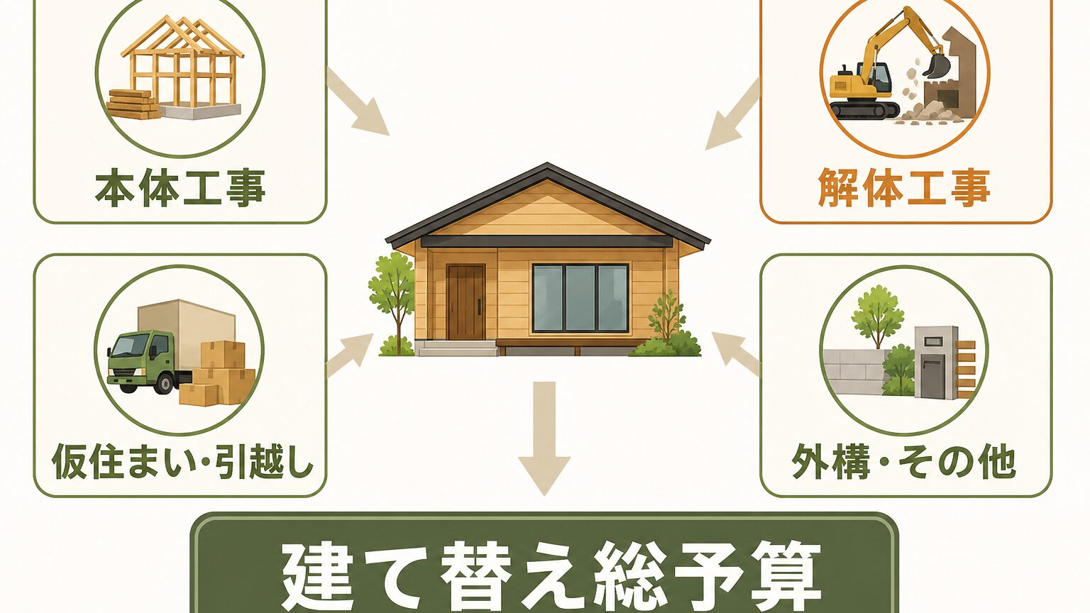 平屋への建て替えに必要な本体工事、解体、仮住まい、外構などの費用項目のイメージ