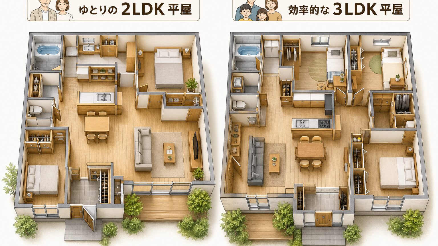 30坪平屋の2LDKと3LDKの間取りイメージ比較