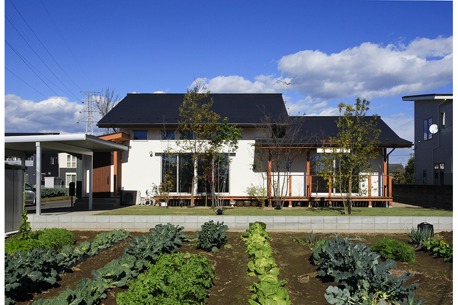 外壁の白と木部のコントラストが青空に映える外観の木の家なら埼玉県本庄市の小林建設