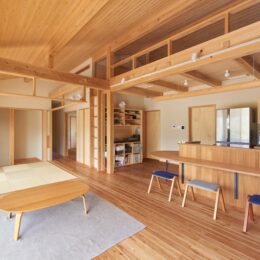山桜のカウンターテーブルがある29坪の平屋